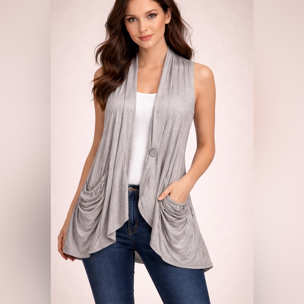BCBGMAXAZRIA Draped Vest Taupe Size L Women Beige Solid Casual Sleeveless Top